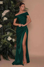 Champagne Off-The-Shoulder Charmeuse Prom Dress with Split Mermaid BM bride