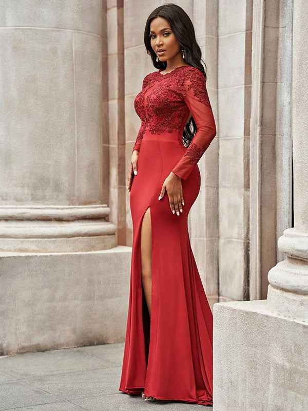 Red Jewel Long Sleeves Appliques Long Mermaid Prom Dress With Front Split