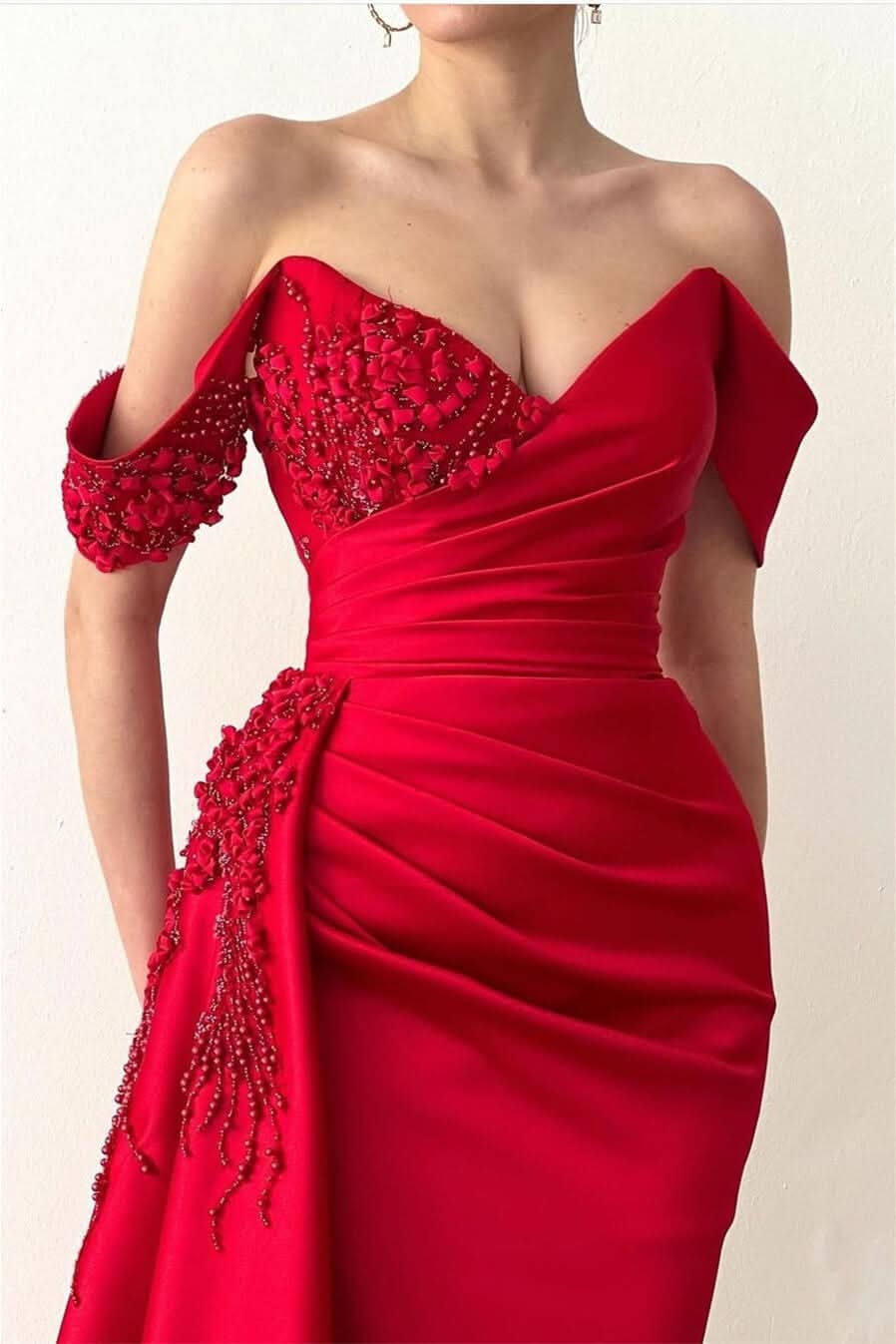 Red Mermaid Prom Dress with Beadings, V-Neck, Off-the-Shoulder, Long with Ruffles BM bride