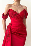 Red Mermaid Prom Dress with Beadings, V-Neck, Off-the-Shoulder, Long with Ruffles BM bride
