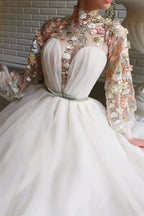 White High Collar Mermaid Evening Dress with Long Sleeves, Flowers, and Split BM bride