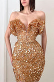 Champagne V Neck Pleated Sequins Prom Dress with Slit BM bride