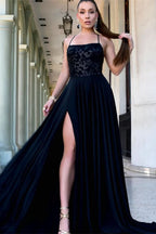 Dark Navy Spaghetti-Strap Evening Dress with Slit BM bride