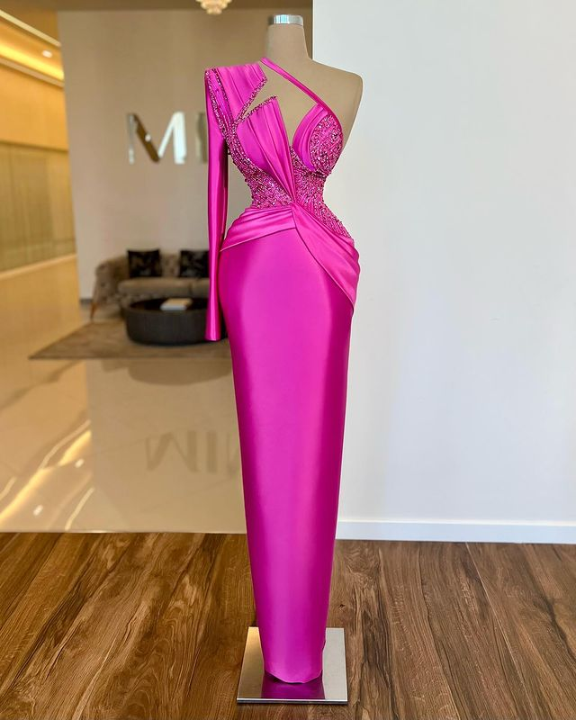 Long Sleeve One Shoulder Long Prom Dress With Pleated Appliques BMBRIDE