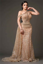 Charming Champagne Gold One Shoulder Sleeveless Prom Dress With Bead Embroidery