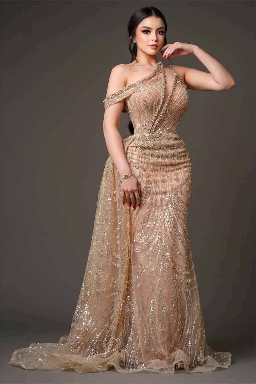 Charming Champagne Gold One Shoulder Sleeveless Prom Dress With Bead Embroidery