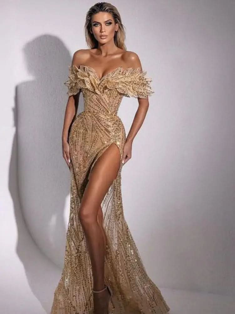 Champagne Glitter Sequin Side Slit Off Shoulder Mermaid Prom Gown BM bride