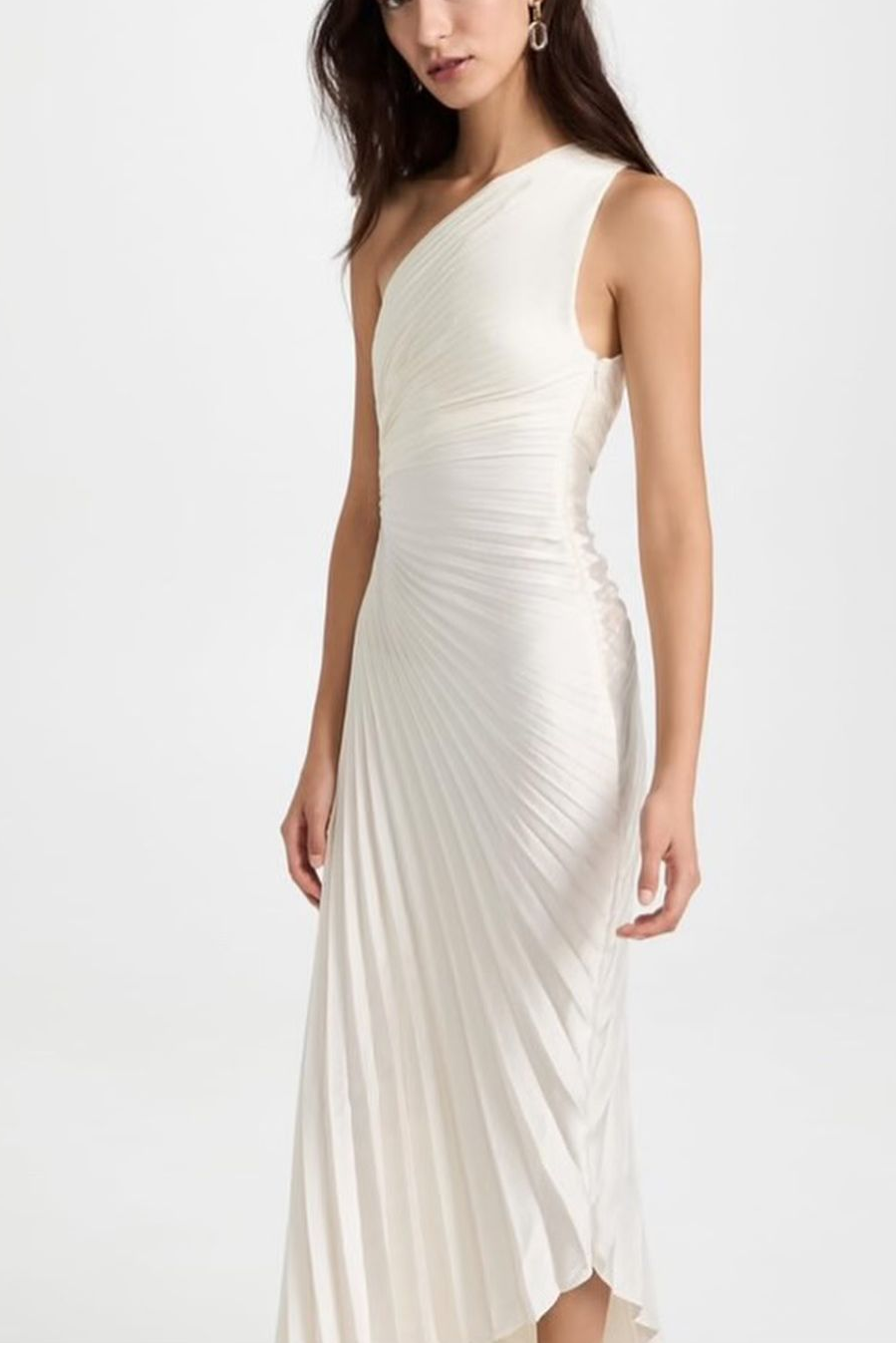 Shinning White One Shoulder Sleeveless Long Prom Dress With Pleated
