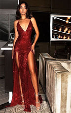 Red Sequins V-Neck Prom Dress with Slit BM bride