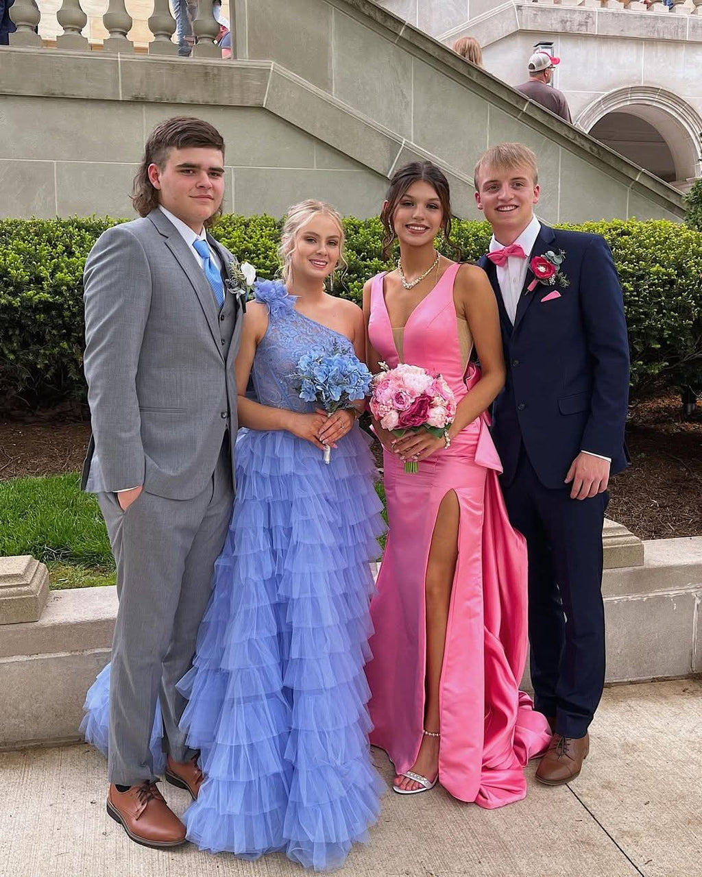 Sweet Mermaid V Neck Pink Satin Long Prom Dress with Big Bow BM bride