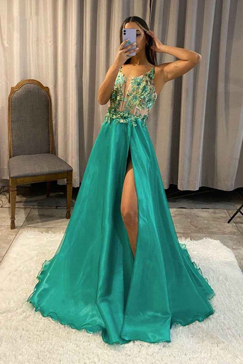 Green Appliques A Line Sleeveless Long Prom Dress With Slit