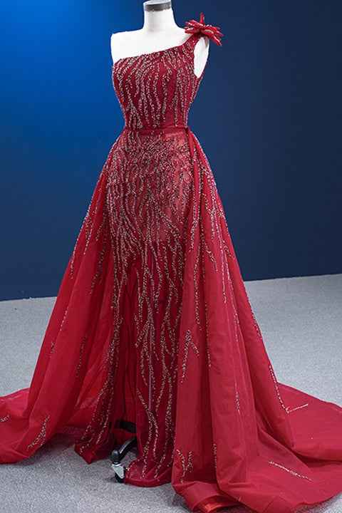 Red One Shoulder Mermaid Prom Dress Split With Ruffles Flower Appliques