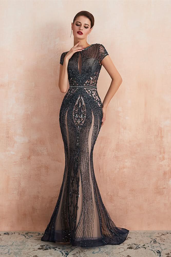 Glamorous Jewel Neck Short Sleeve Mermaid Prom Dress with Beadings BM bride