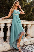 Spaghetti Strap Sweetheart Sleeveless Hi-Lo Short Prom Dress With Pearls Tulle