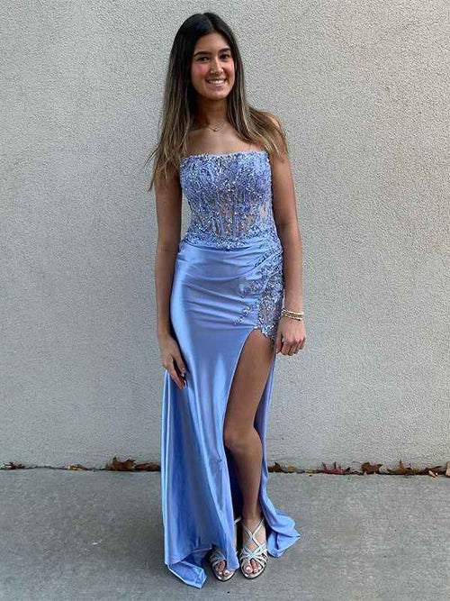 Grey Blue Strapless Satin Mermaid Applique Long Prom Dress with Slit BMBRIDE