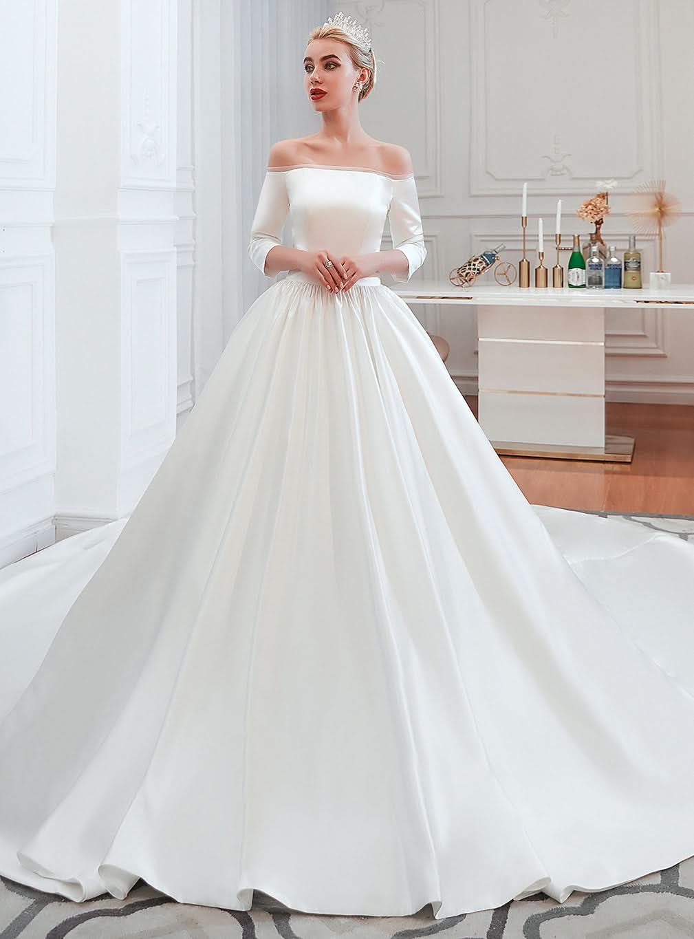 Satin 3/4 Sleeves Princess Cathedral Train Wedding Dress BMbride