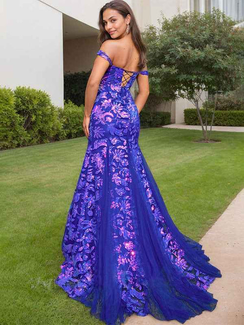 Royal Blue Sheath Off the Shoulder Long Sequined Prom Dress With Slit BMBRIDE