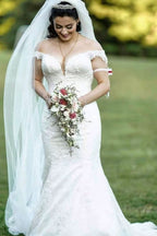 A-Line Long Wedding Dress With V-neck Lace Tulle BM bride