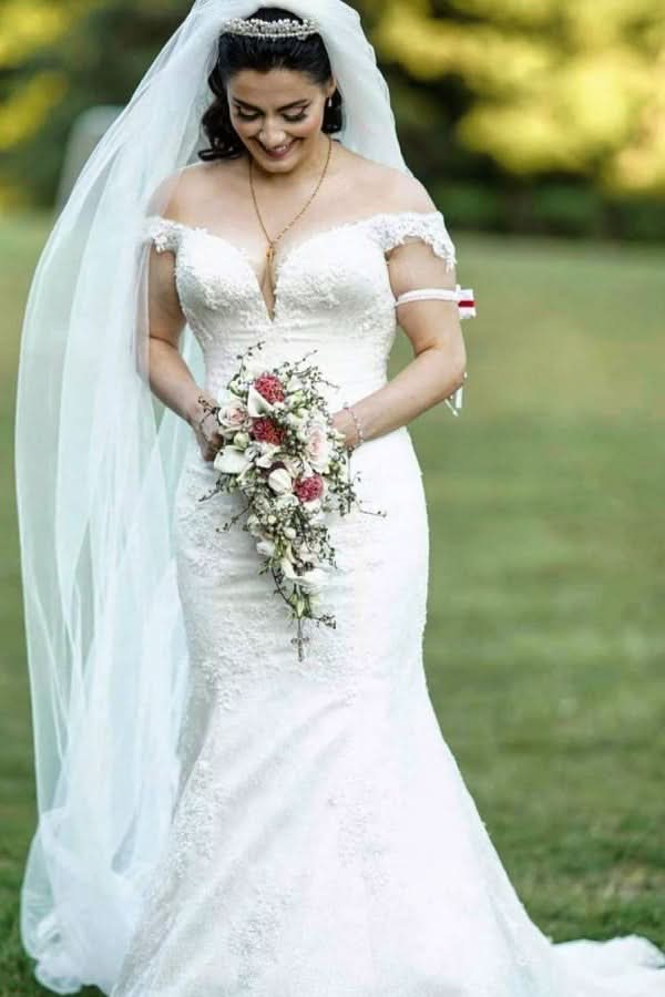 A-Line Long Wedding Dress With V-neck Lace Tulle BM bride