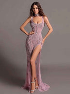 Fashion Sheath Bead Embroidery Dusk Square Split Long Prom Dress