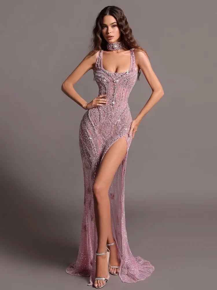 Fashion Sheath Bead Embroidery Dusk Square Split Long Prom Dress