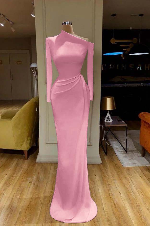 Charming White One Shoulder Mermaid Long Sleeves Prom Dress With Pleated BMBRIDE