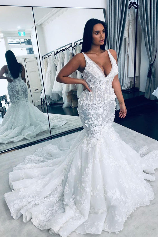 Floral Sleeveless Beaded Strap Mermaid Wedding Dress with V-Neck BM bride