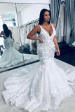 Floral Sleeveless Beaded Strap Mermaid Wedding Dress with V-Neck BM bride