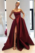Strapless Burgundy Mermaid Prom Dress with Split BM bride