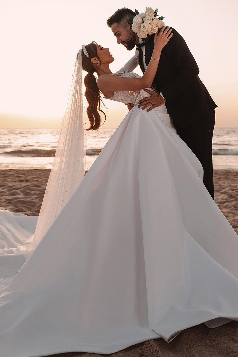 Charming One-Shoulder Long Sleeve A-Line Wedding Dress with Sequins BM bride
