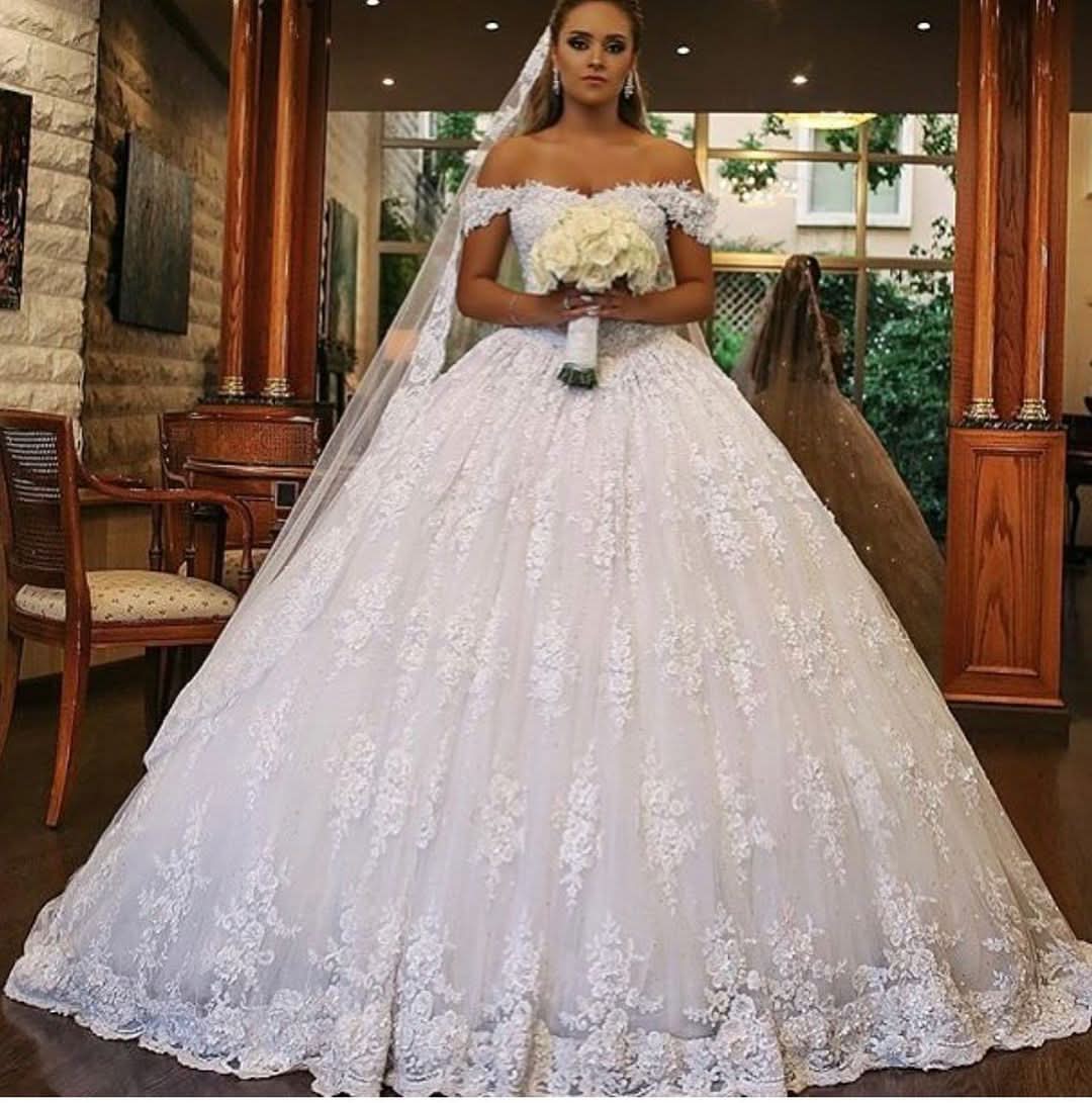 Luxury Long Off-the-Shoulder Ball Gown Wedding Dress with Lace and Train BM bride