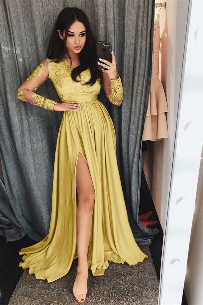 Charming Long Sleeves Front Split High Waist Prom Dress With Lace Appliques BMBRIDE