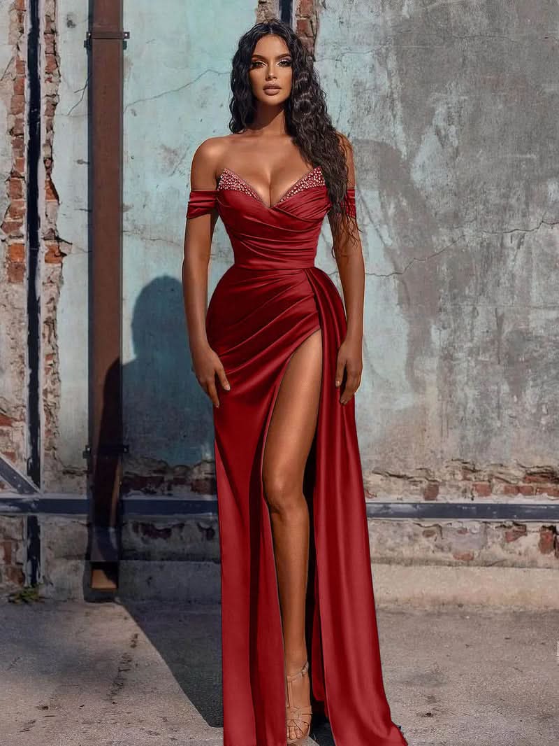 Dusty Blue Off-the-Shoulder Mermaid Prom Dress with Slit BM bride