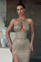 Halter Sleeveless Mermaid Evening Dress Long with Sequins and Split BM bride
