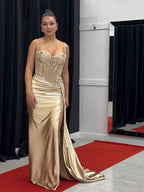 Green Mermaid Spaghetti Straps Bodice Long Prom Dress with Beads