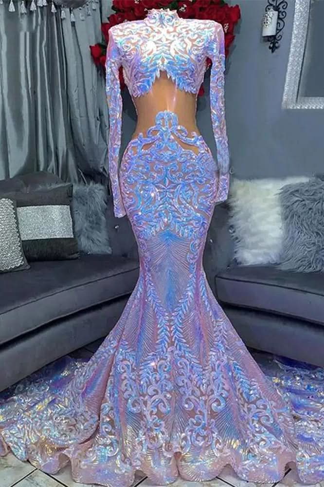 High Neck Long Sleeve Sequined Lace Mermaid Prom Dress BM bride