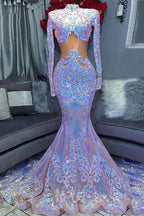 High Neck Long Sleeve Sequined Lace Mermaid Prom Dress BM bride