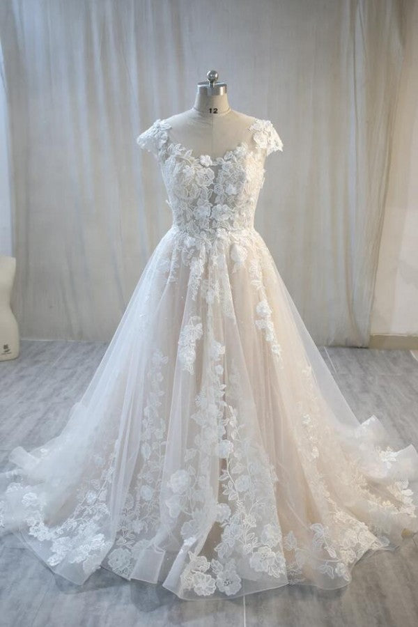 A-Line Bateau Backless Floor-Length Wedding Dress with Lace Tulle Appliques BM bride