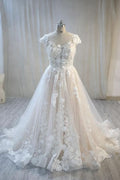 A-Line Bateau Backless Floor-Length Wedding Dress with Lace Tulle Appliques BM bride