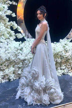 Strapless Sleeveless Long Prom Dress With Flower Pleated Ruffle