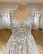 Elegant Deep V-Neck A-Line Spaghetti Strap Wedding Dress with Ruffles and Tulle Lace Appliques BM bride