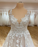 Elegant Deep V-Neck A-Line Spaghetti Strap Wedding Dress with Ruffles and Tulle Lace Appliques BM bride