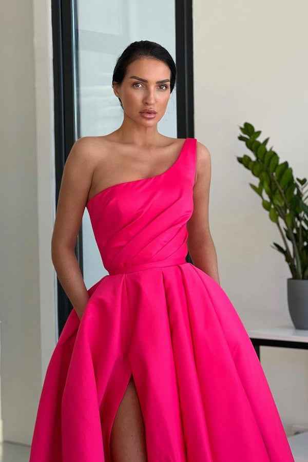 Glamorous Rose Pink One Shoulder A Line Prom Dress With Pockets