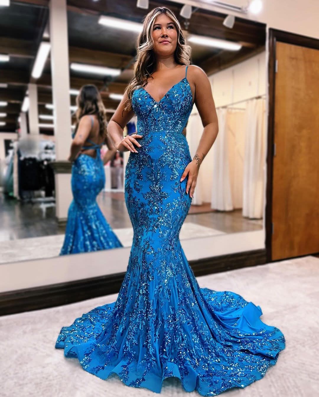 Blue Sequined Appliqued Sleeveless Spaghetti-Straps Mermaid Prom Dress BM bride