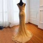 Gold Sequin Mermaid Prom Dress, V-Neck, Long Sleeveless BM bride