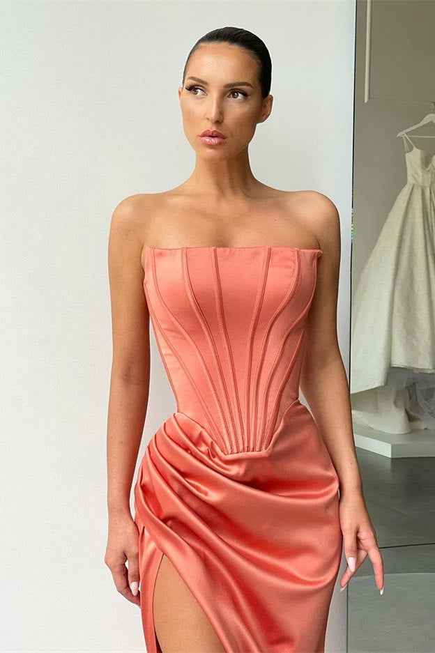 Strapless Sleeveless High Split Long Prom Dress With Pleated