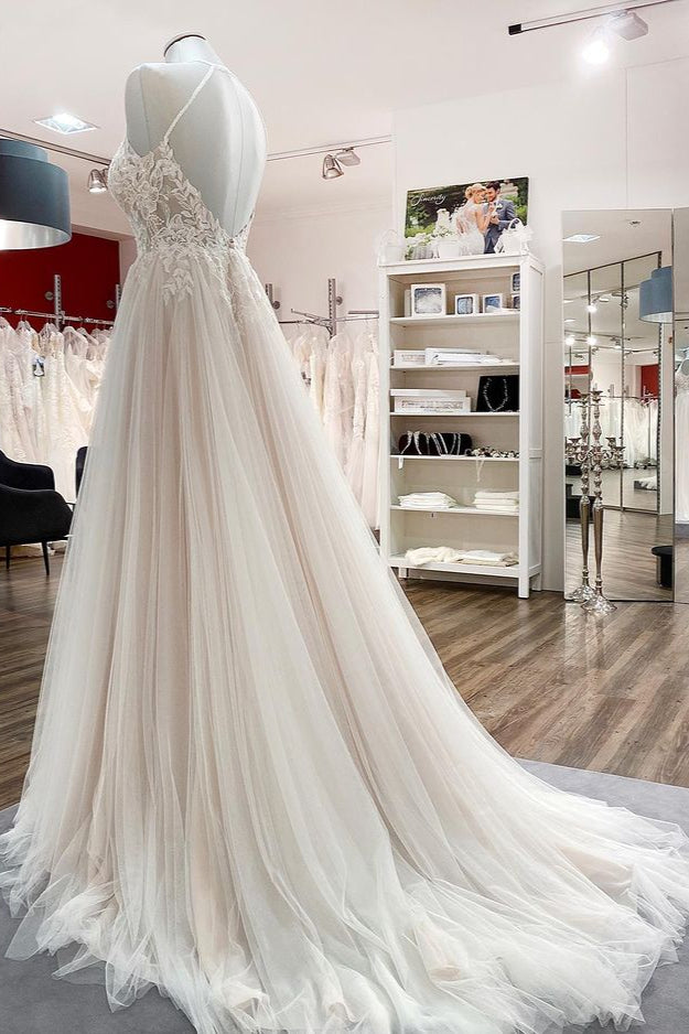 Halter Sleeveless A-Line Wedding Dress with Open Back, Lace, and Tulle BM bride