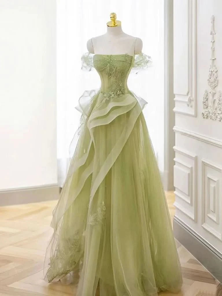 Green Strapless Prom Dress Off-the-Shoulder A-Line Lace Printed Dress BM bride