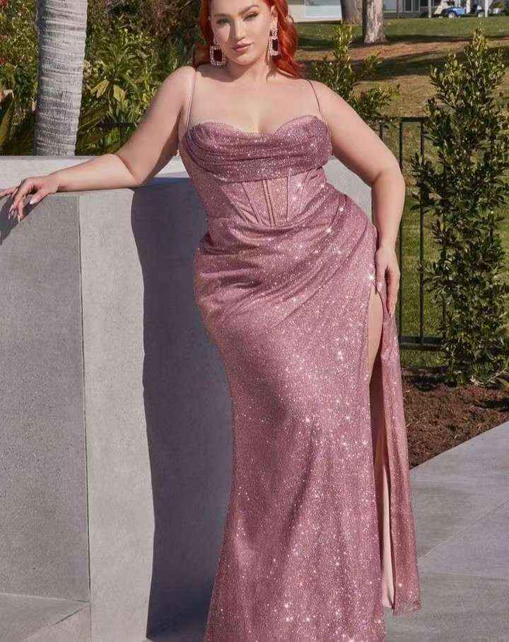 Rose Gold Mermaid Sequins Beautiful Prom Dress Slit With Spaghetti Straps