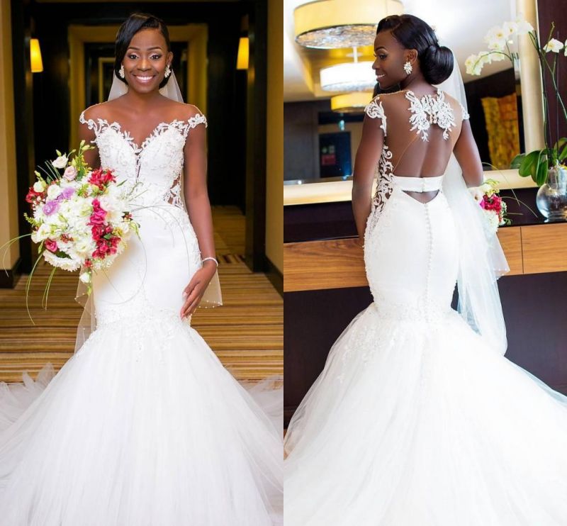 Stunning Cap Sleeve Lace Appliques Mermaid Long Wedding Dress BM bride